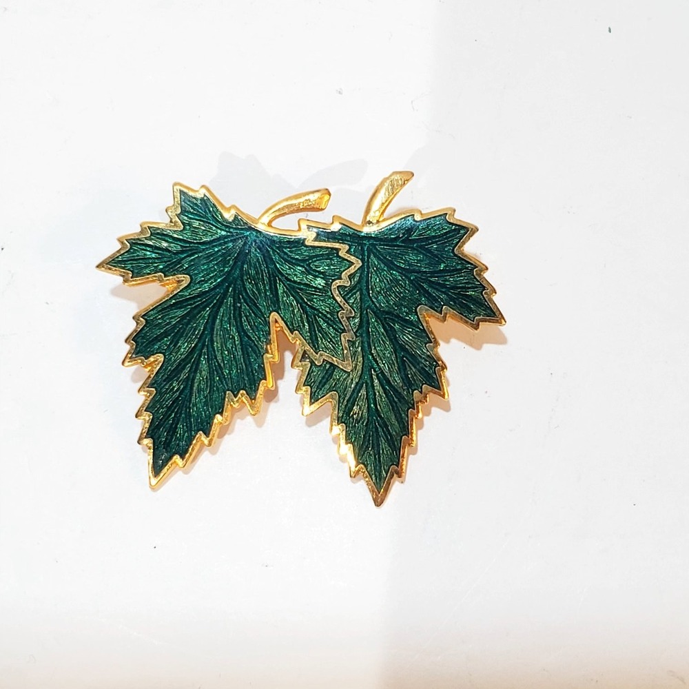 Gold Tone and Green Enamel Double Maple Leaf Brooch Pin 1.5 Inch